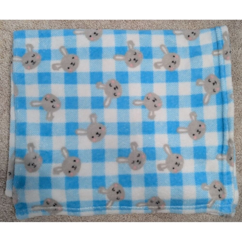 Parents Choice Blue White Plaid Bunnies Rabbits Soft Fleece Baby Blanket 30X36